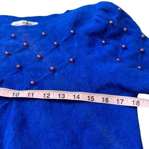 Vintage 80s Angora Sweater Women’s Med Fuzzy Blue Purple Pearl Embellished - Picture 4 of 14